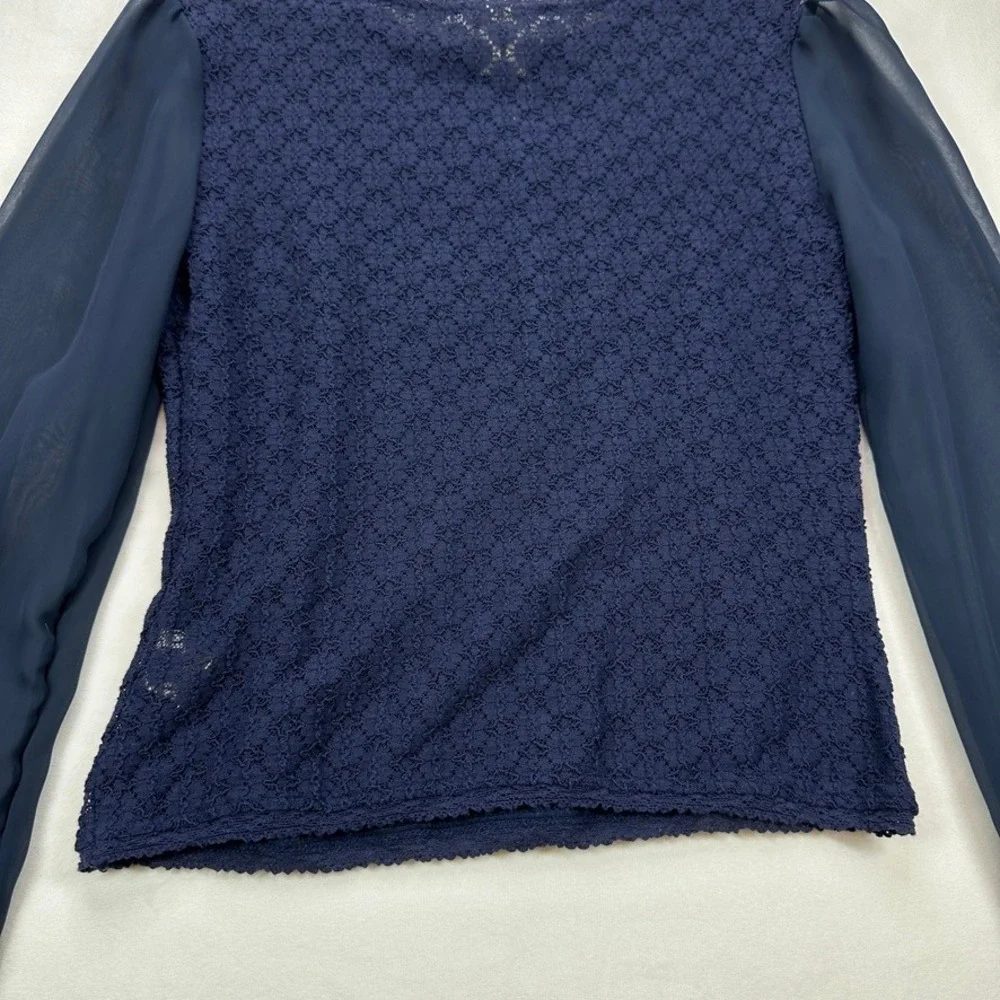Free‎ People Navy Blue Textured Top Sheer Balloon Long Sleeve Blouse XS